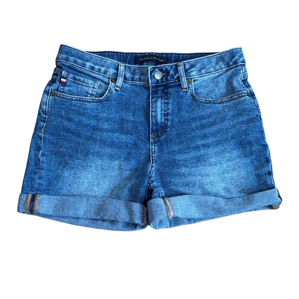 Tommy Hilfiger Women Blue Denim Jean Shorts Rolled Cuff Size 6 Stretch Spring‎
